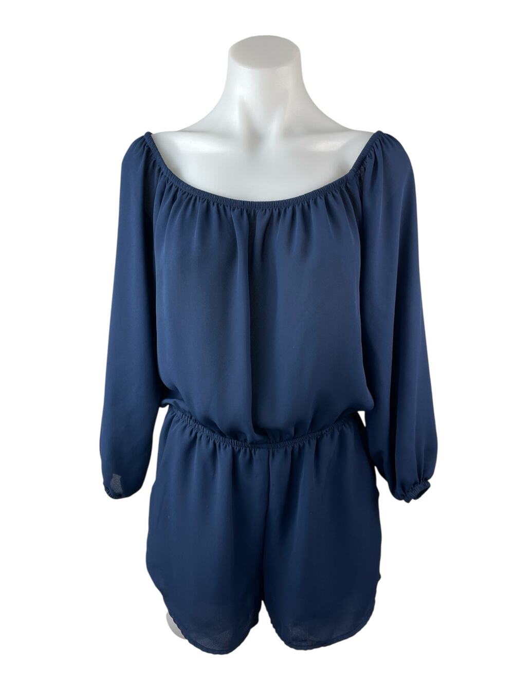 c Women's Navy Blue Long Sleeve Off The Shoulder Blouson Romper Shorts XS